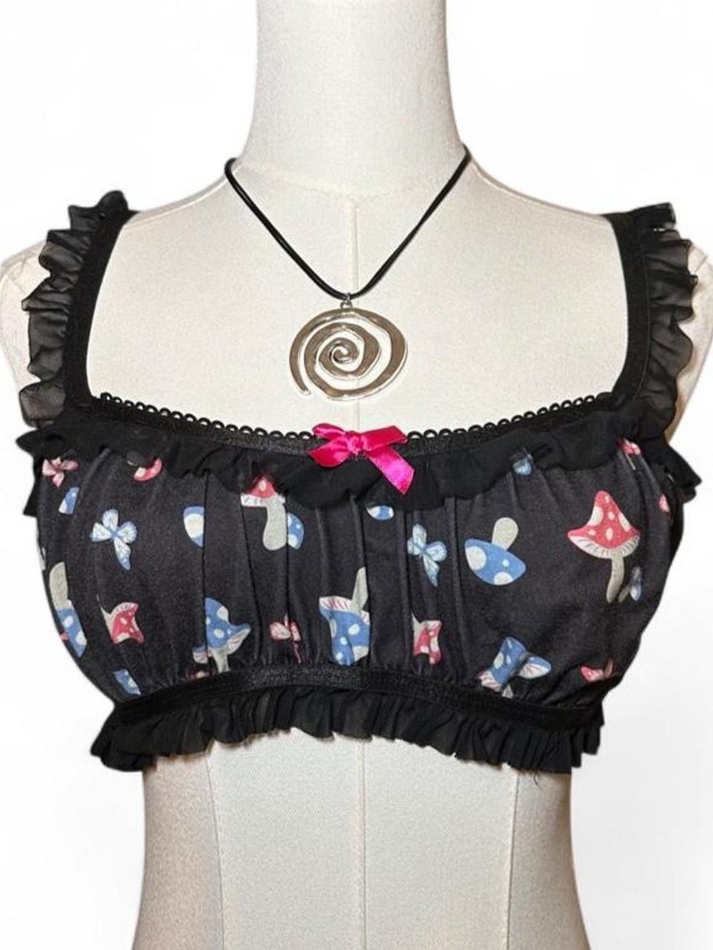 Hot Topic Black Mushroom Print Ruffle Crop Top Pink Bow Goth Fairy Rave
